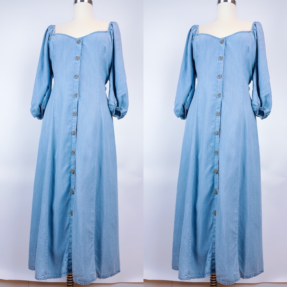Zara The Romance Puff Sleeve Dress Chambray Blue Denim Size Large